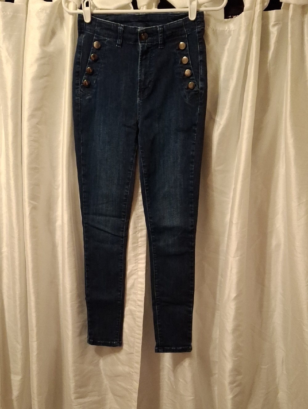 High-Rise Dark Blue Women’s Jeans with Button Detail